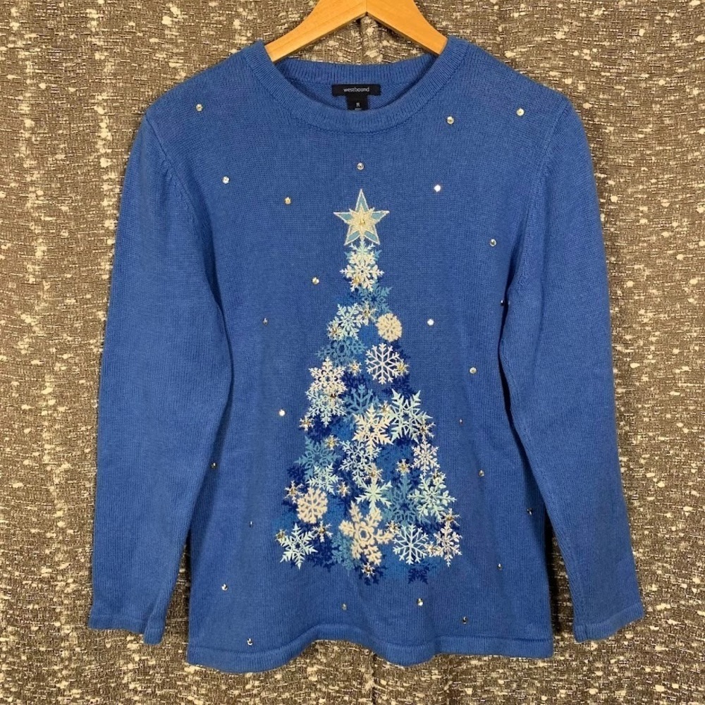 Vintage Westbound Blue Knit Christmas Sweater Embroidered Tree Women's‎ Medium